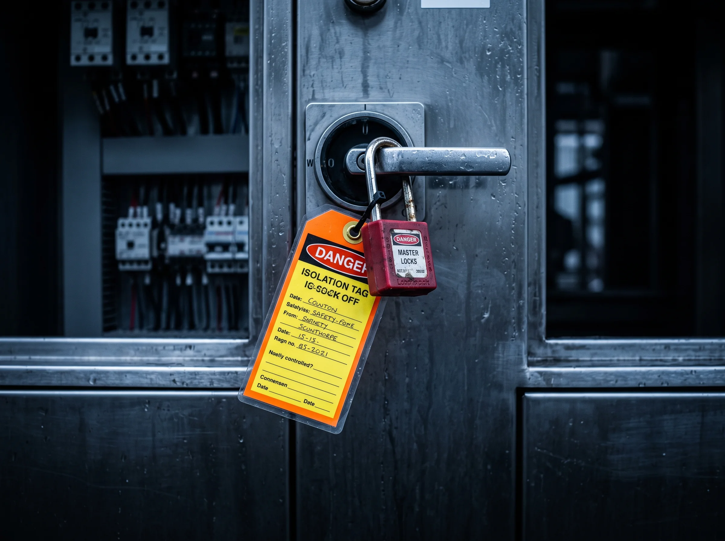 Lock-off padlock and isolation tag hanging from an isolator handle against factory darkness