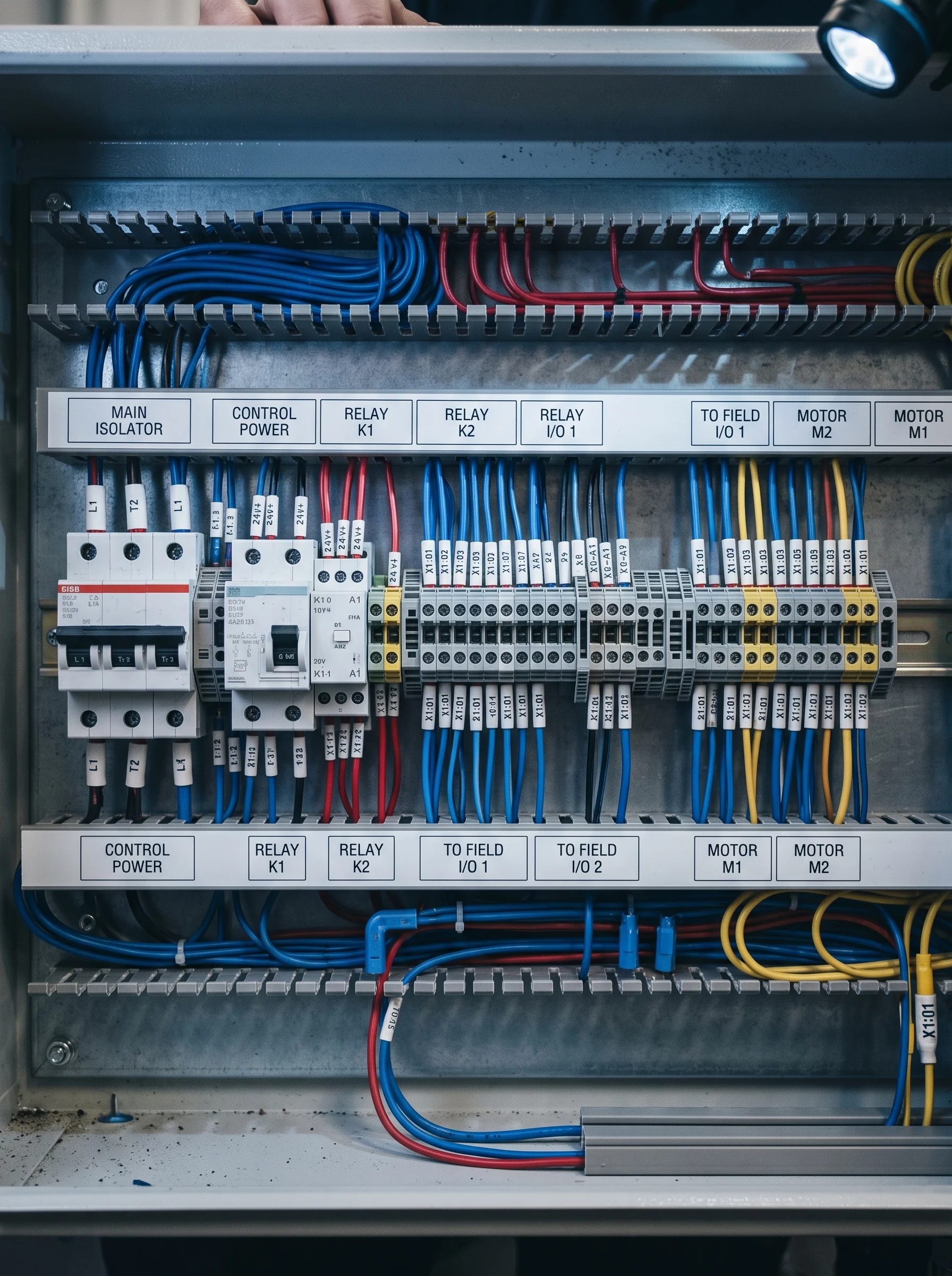 Inside an open control panel on the bench — DIN rail, dressed wiring with numbered ferrules and engraved traffolyte labels