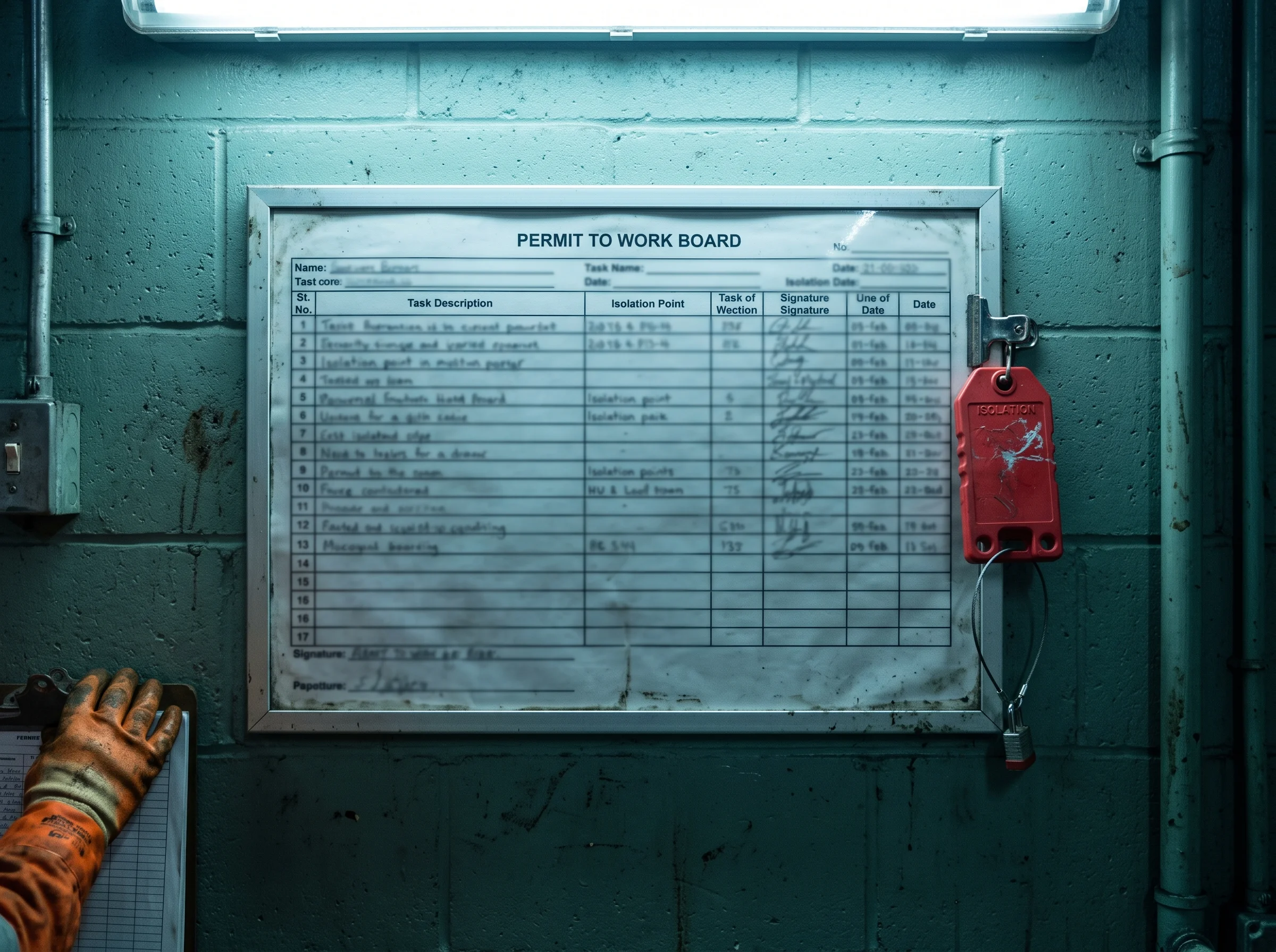 Laminated permit-to-work board on a plant wall with times filled in and a red isolation tag clipped beside it