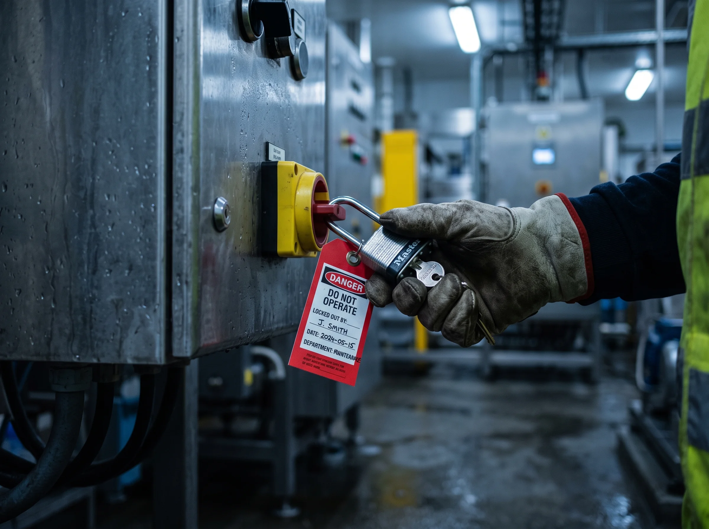 Gloved hand turning a lock-off key on a padlocked isolator with a red isolation tag hanging