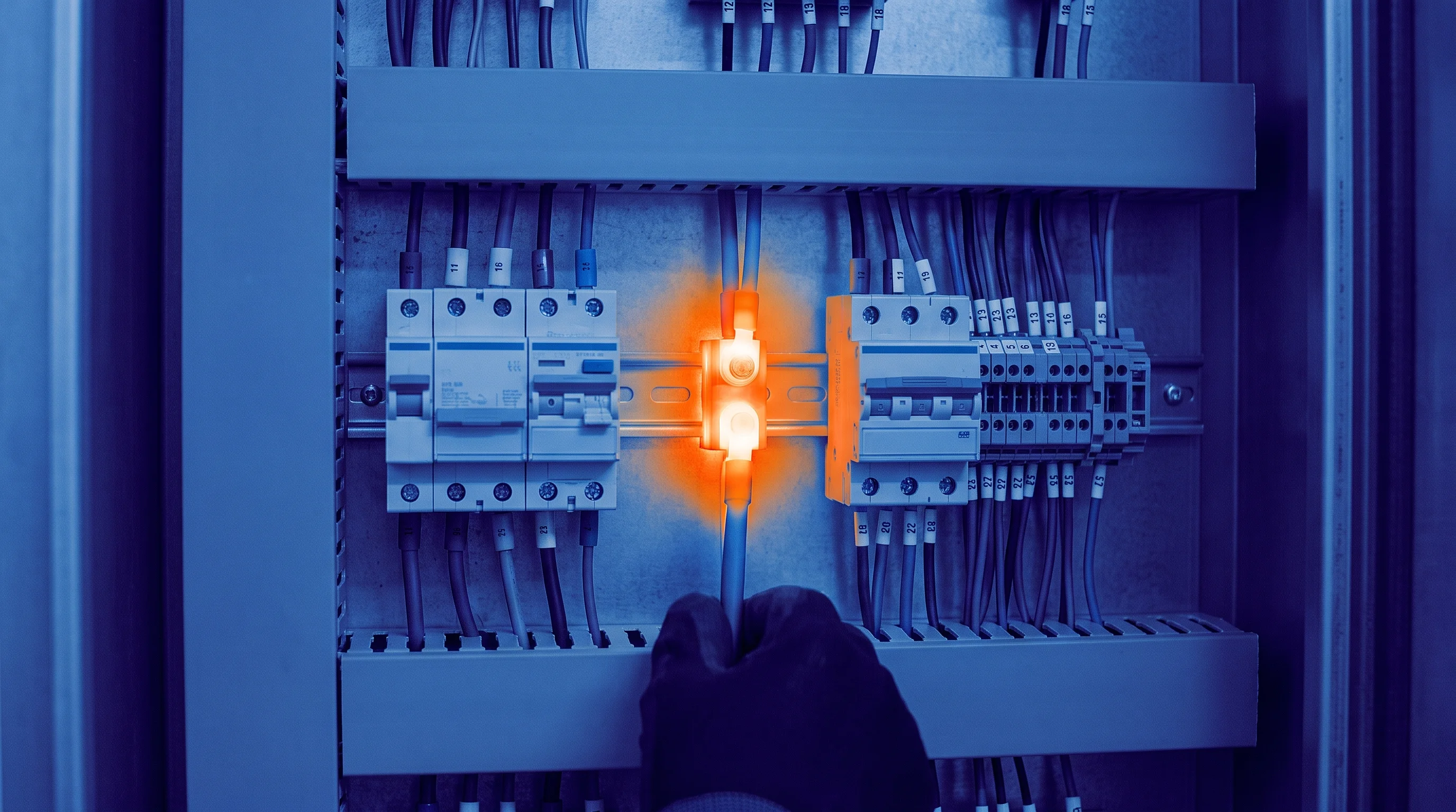 Thermographic false-colour view of the same switchgear, steel blue with one busbar joint glowing orange