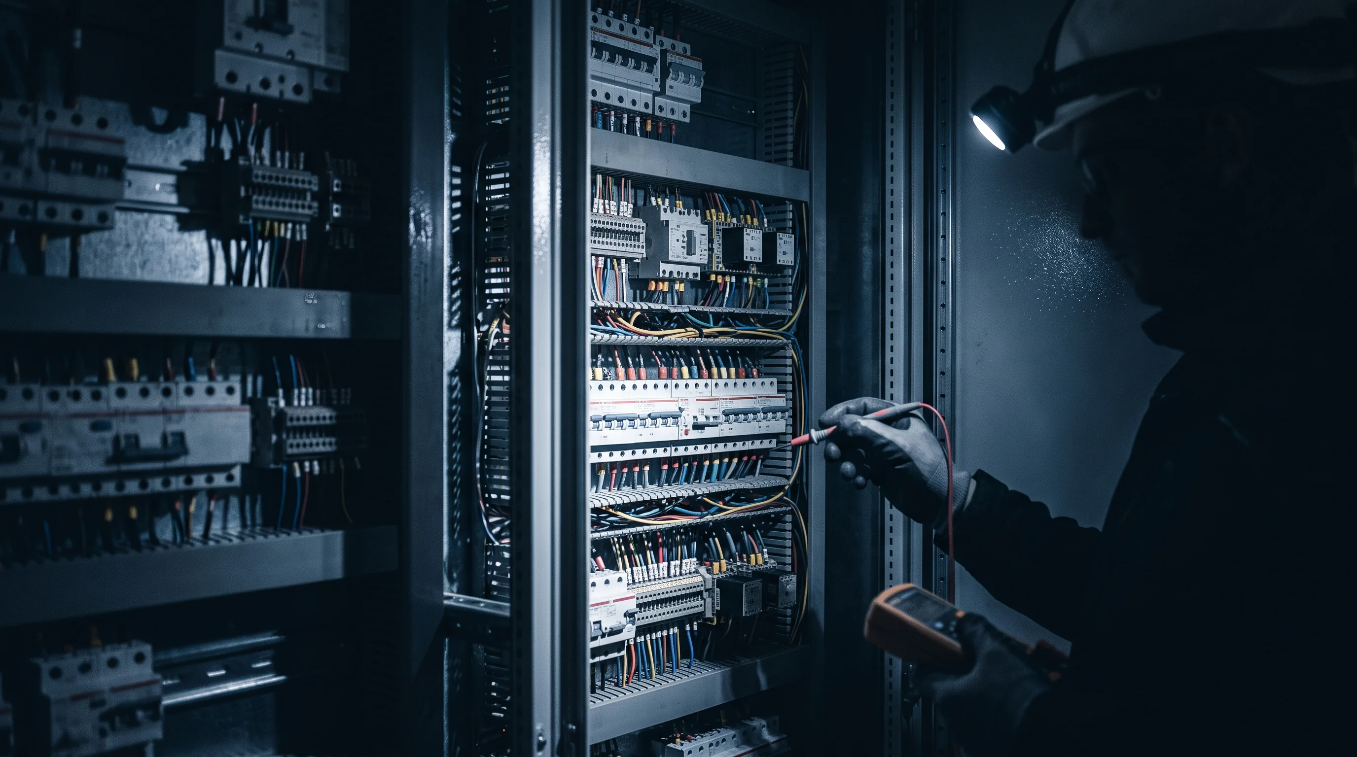 Open switchgear cabinet lit by a head torch, busbars and numbered ferrules in sharp focus