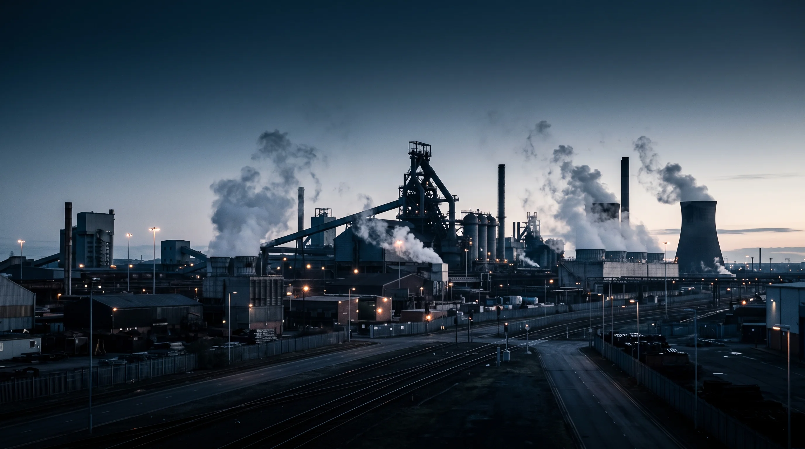 First grey dawn light over the Scunthorpe industrial skyline with steam rising and sodium lights fading